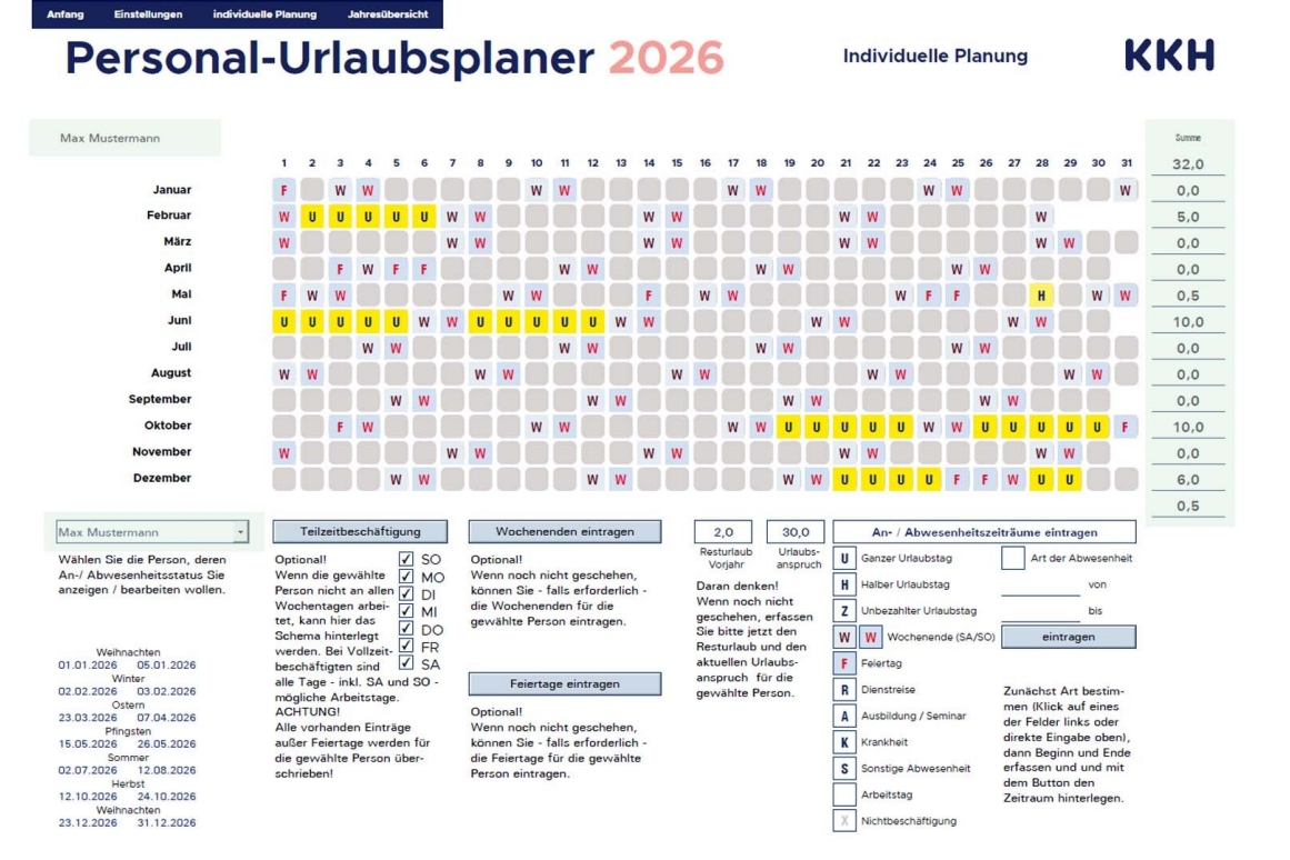 In der „individuellen Planung“ können Sie die Urlaubstage Ihrer Mitarbeitenden eintragen.