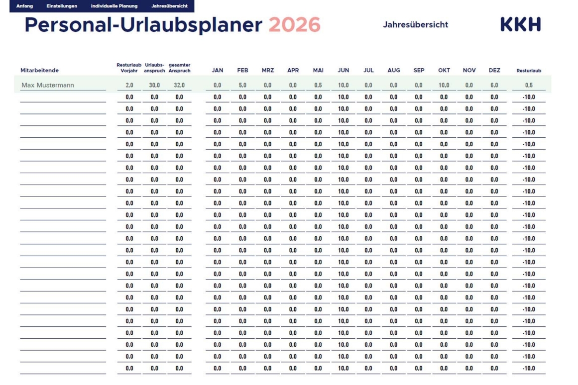In der Jahresübersicht finden Sie die eingetragenen Urlaubstage Ihrer Mitarbeitenden für das ganze Jahr.