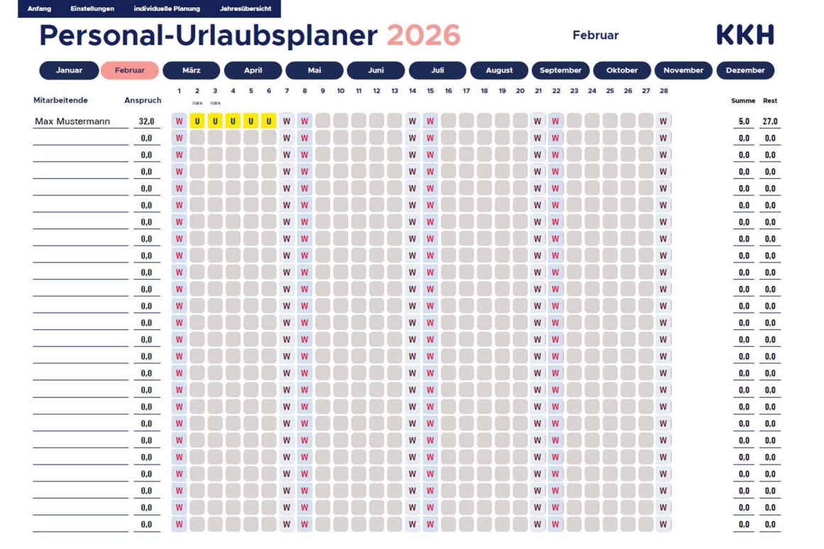 In der Monatsansicht erhalten Sie einen Überblick über die Urlaubstage im jeweiligen Monat.
